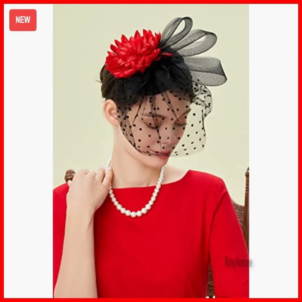 Vintage Feather Fascinator Hat with Veil - One Size Fits All Women